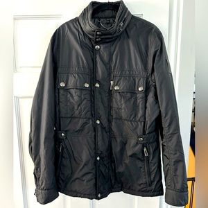 Belstaff. Men’s black coat. Large. Zip up & button up. 4 pocket front.